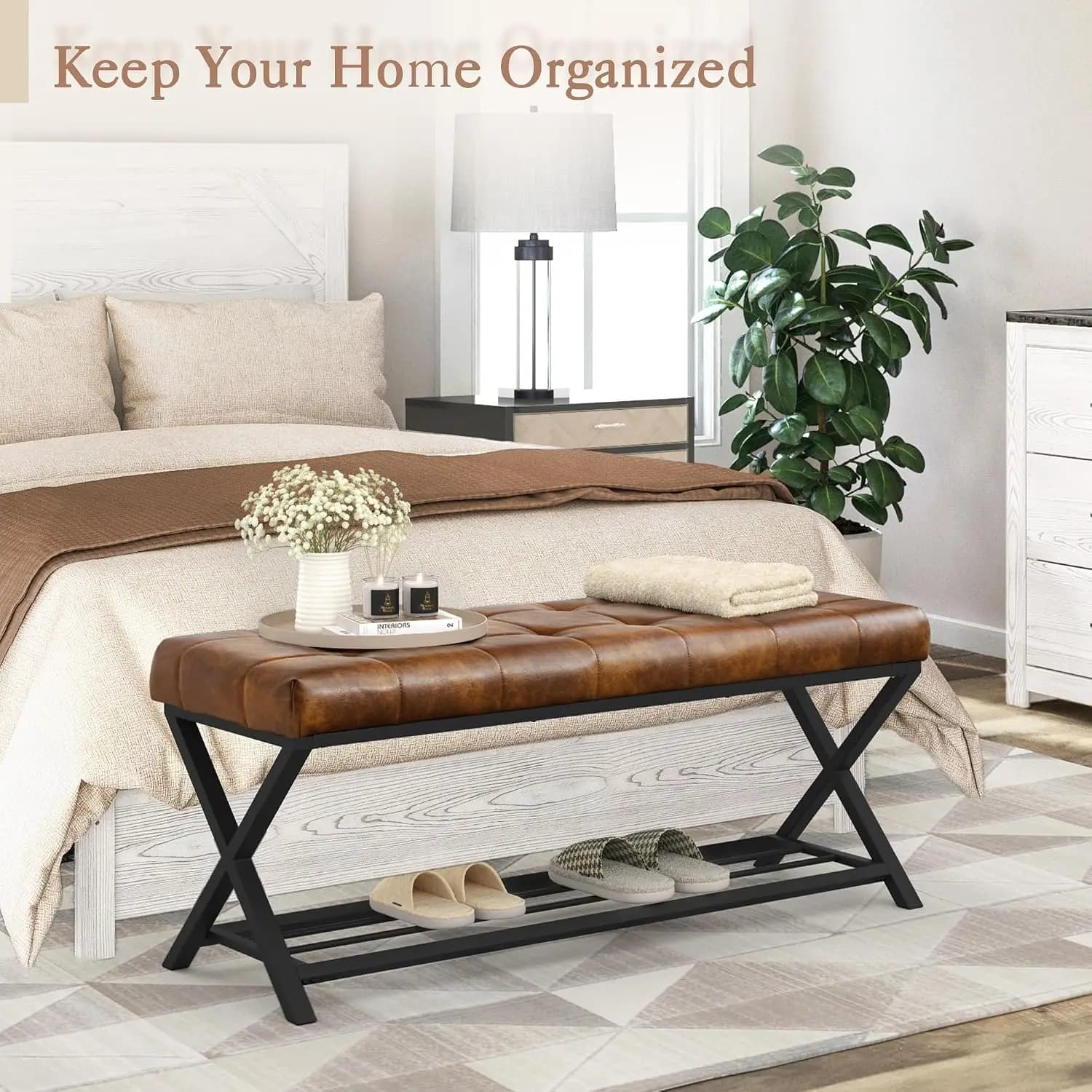 44.5” End of Bed Bench with Shelf, Linen Tufted Upholstered Storage Shoe Bench, Modern Bedroom Bench with Metal Legs for Living