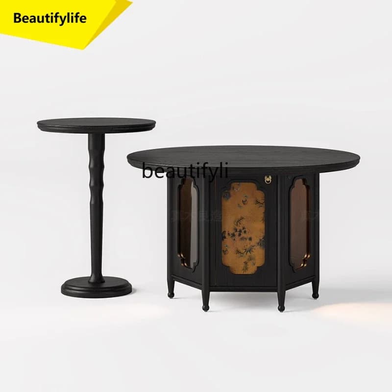 K185 French Retro Style New Chinese Style All Solid Wood Vintage Round Coffee Table Set