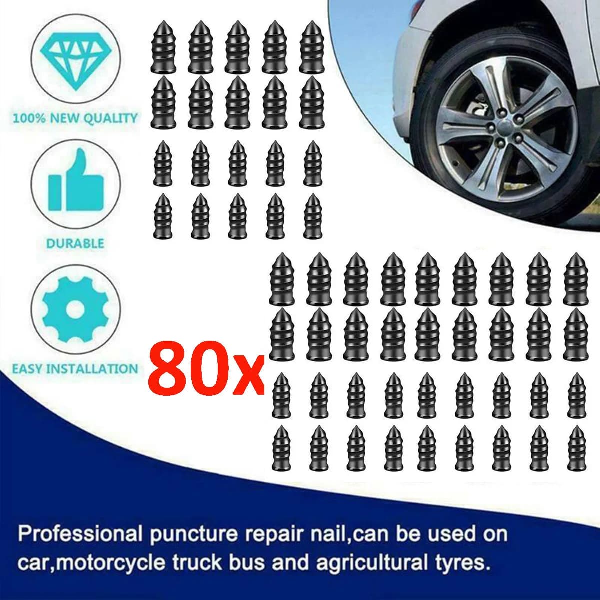 80Pcs Motorcycle Car Vacuum Tyre Repair Nails Truck Scooter Bike Universal Tire Puncture Repair Rubber Metal Nails Accessory DIY