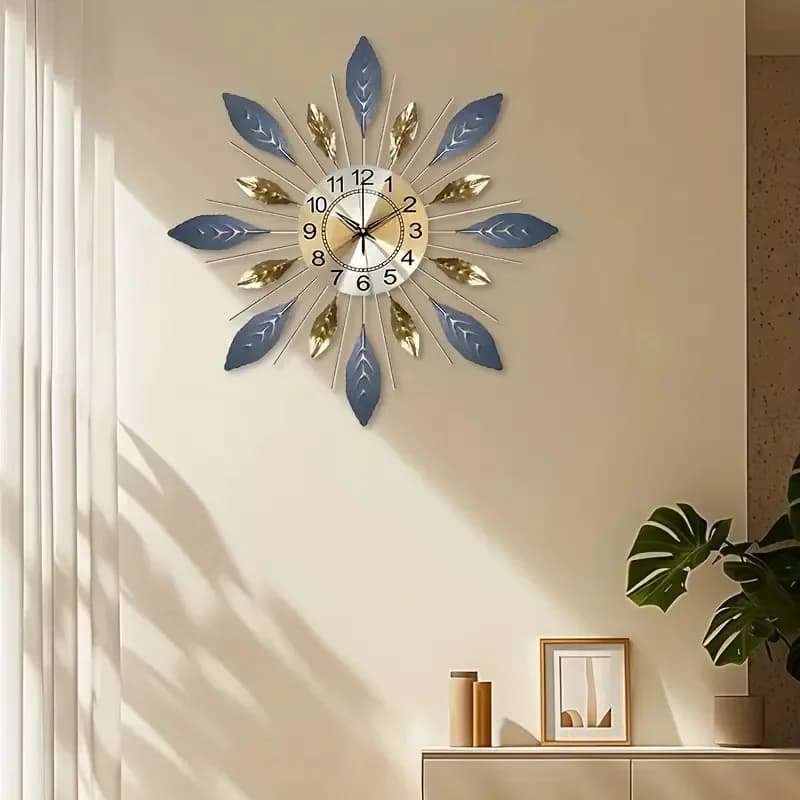 55CM Modern Design Wall Clock Metal Leaf Design Mute Wall Clock Elegant Home Decoration Living Room Bedroom Wall Clock reloj
