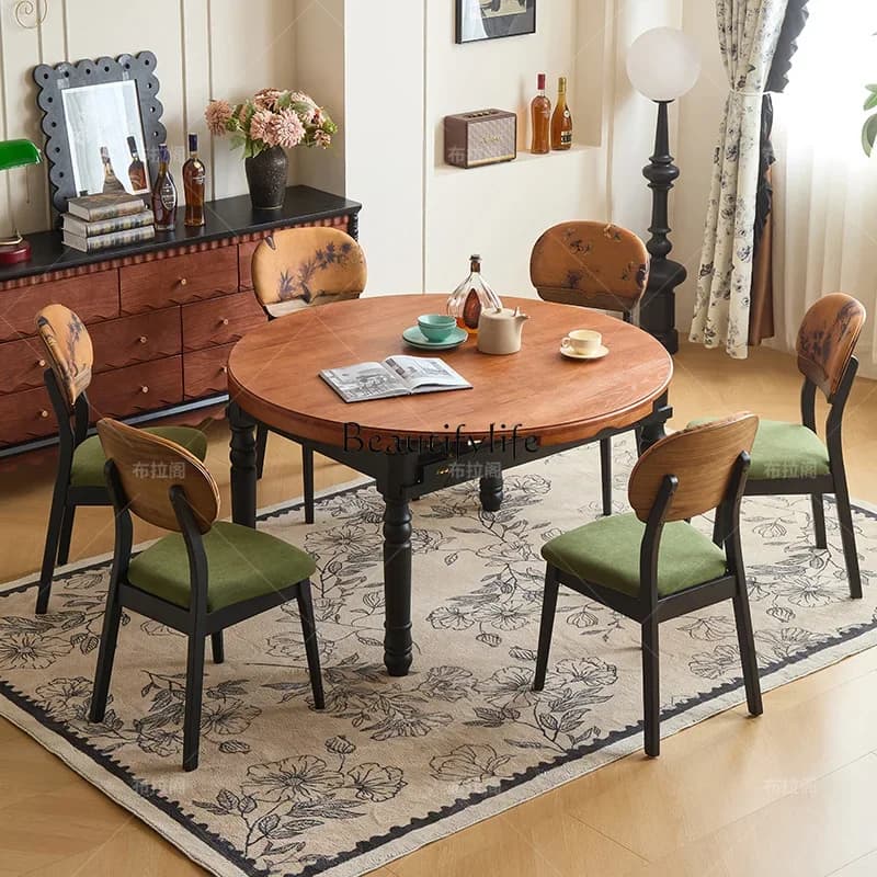 yj57 French retro solid wood ash wood dining table and chair combination medium and ancient style household rectangular dining t