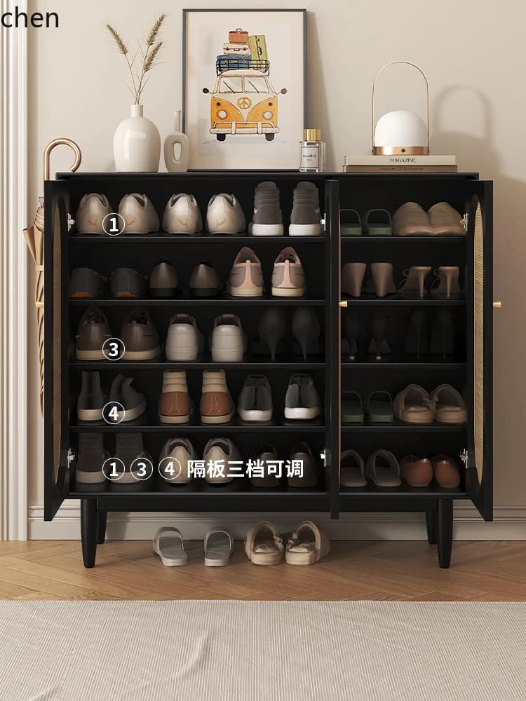 Rattan Woven Solid Wood Shoe Cabinet for Home Entrance Large Capacity Storage Cabinet for Entryway Hallway