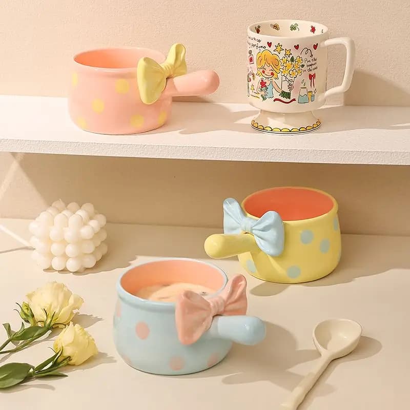 Perfect Multifunctional Ceramic Bowl with Bow Handle for Salad Dessert Soup Thick Home Kitchen Cute Girly