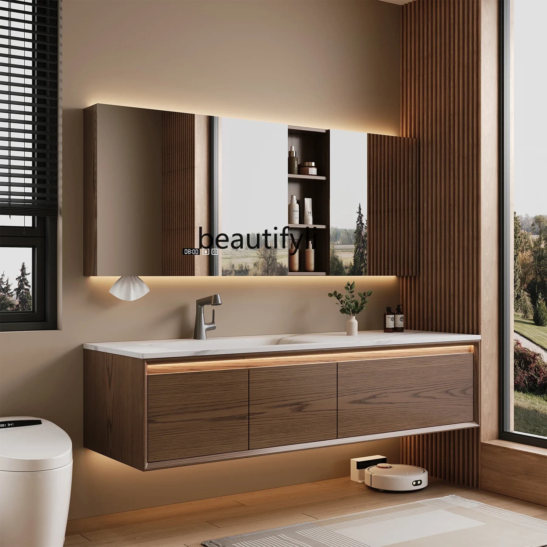 Washing table rock slab bathroom cabinet combination oak bathroom seamless integrated basin customization45