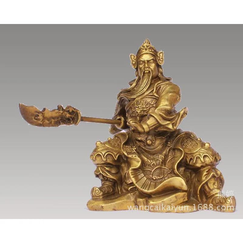 Brass Guan Gong statue, a decorative piece, featuring Guan Gong with his iconic red cap and beard, suitable for car display