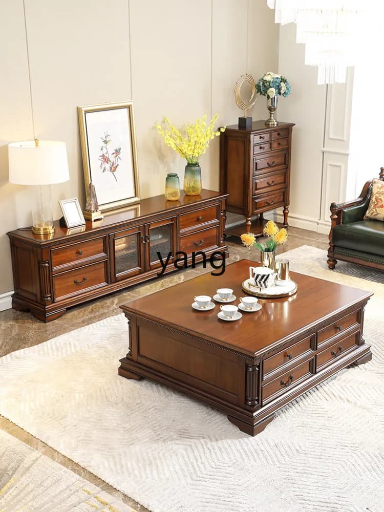 LMM American retro living room full set of furniture all solid wood large coffee table storage large apartment