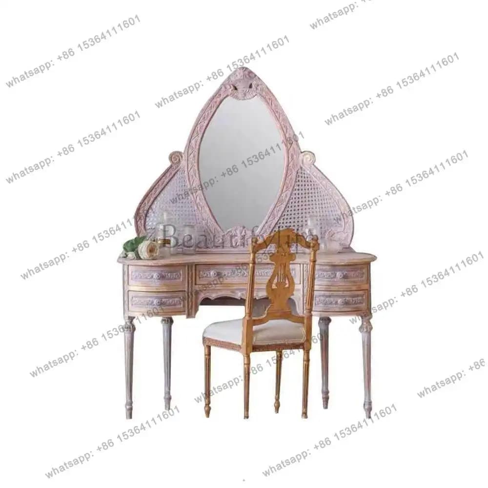 French antique gold dresser solid wood retro nostalgic rattan art log Roman column curved makeup table