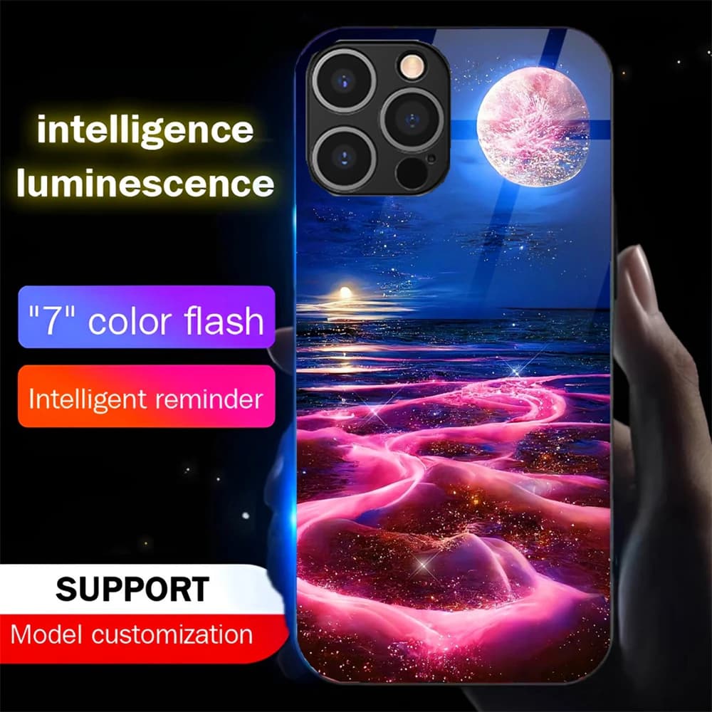 2025 Pretty Galaxy Beach LED Light Glow Luminous Tempered Glass Phone Case For iPhone Air 17 16 E 15 14 13 12 11 Pro Max