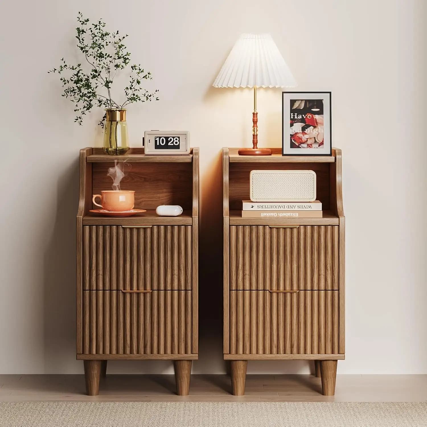 Narrow Nightstand Set of 2,11.8" Fluted Bedside Table Set of 2, Slim Side End Table with 2 Drawers, Wooden Bedside, Customized