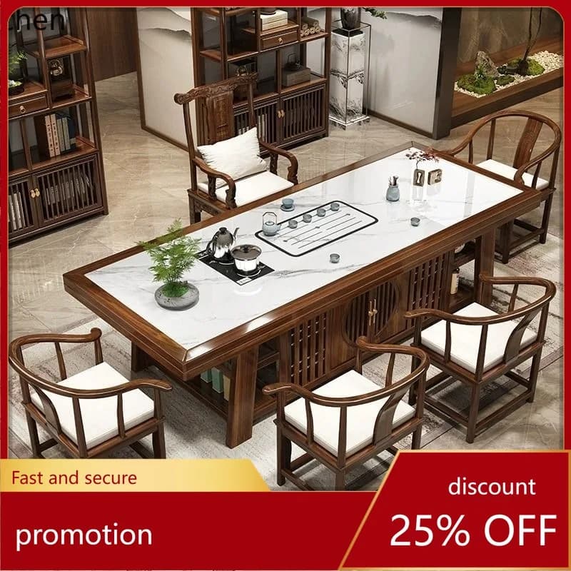 HXL Solid Wood Large Board Tea Table and Chairs Office Rock Board Tea Table Set