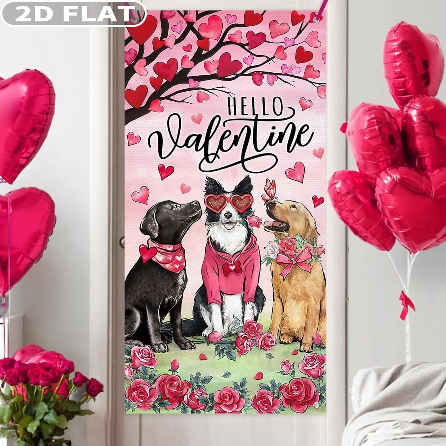 2D FLAT 1pc Hello Valentine's Day Dogs Party Banner Door Cover Decor, 3x 6 FT Polyetser Pink Red Love Heart Tree Rose Flower