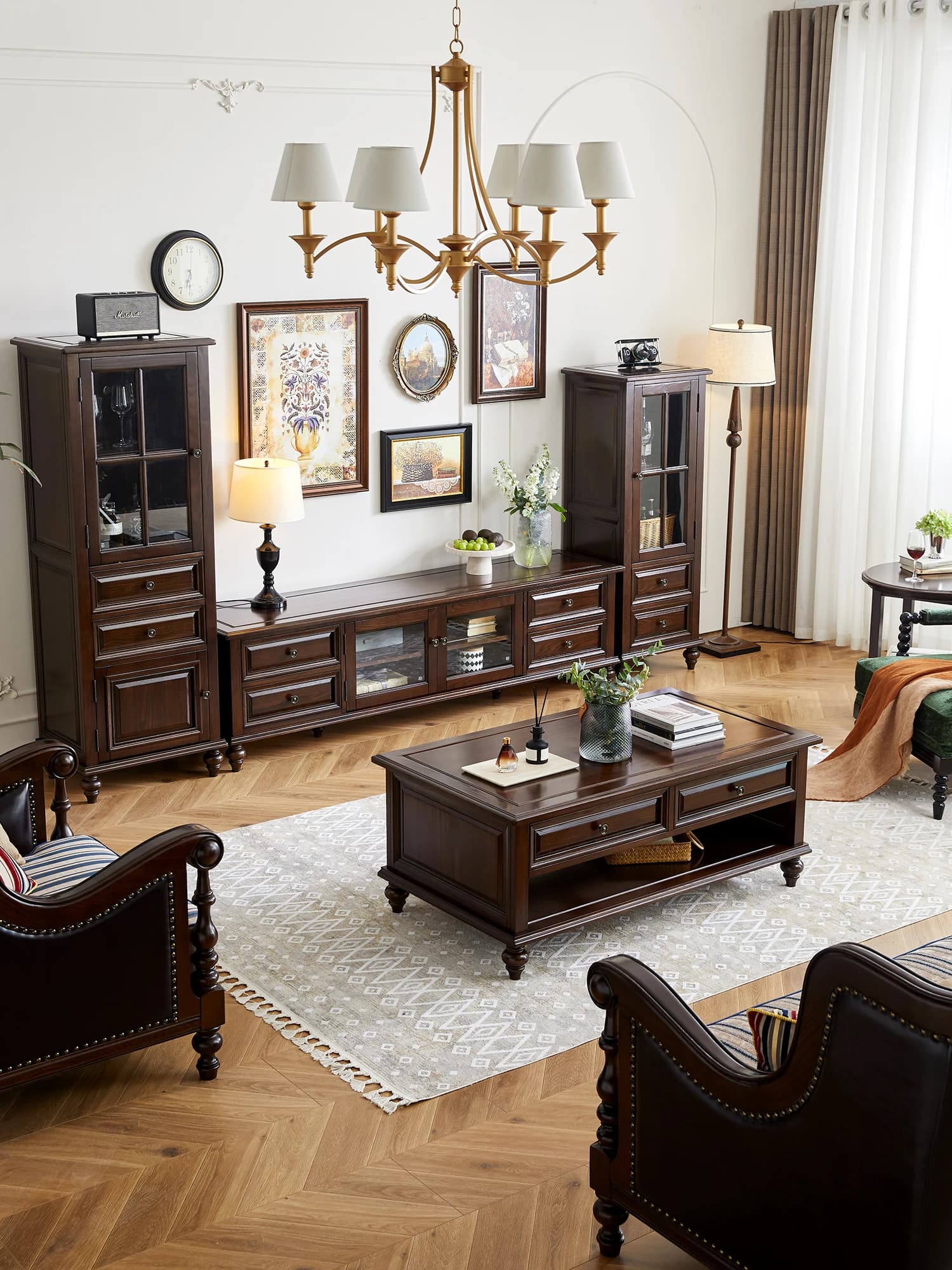 LTT American all-solid wood TV cabinet, living room coffee table combination, rural retro storage