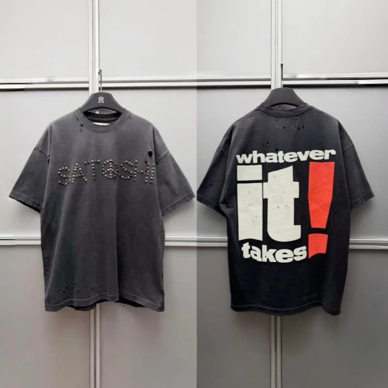Satoshi Nakamoto High-End Men's and Women's Summer Loose-Fit Distressed Studded Vintage Short-Sleeve T-Shirt