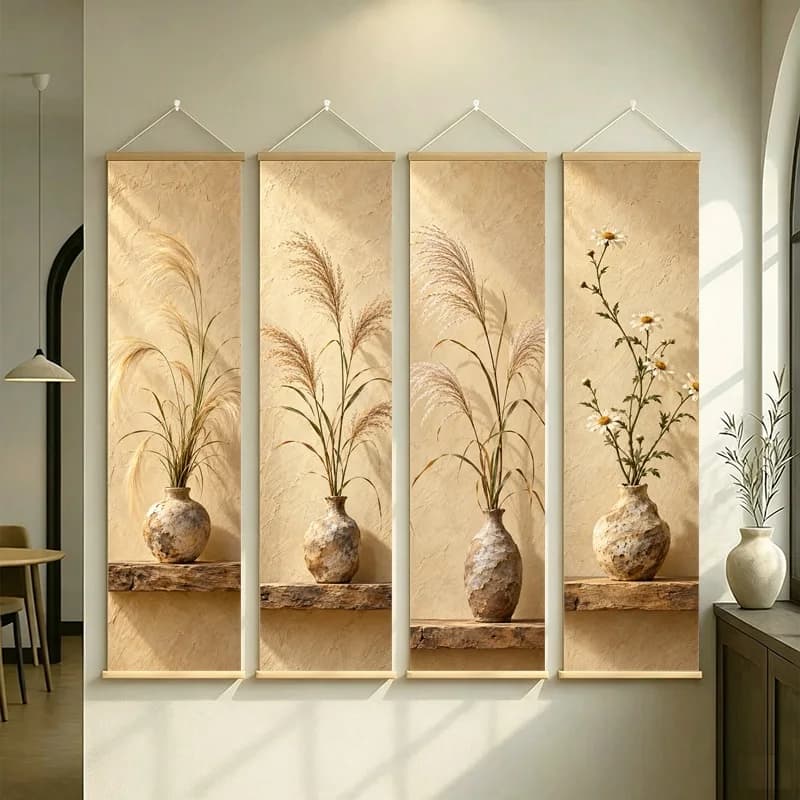 Wall Art Shasta Daisy and Fountain Grass, Calm Wabi-Sabi Silver Shimmer Canvas Hanging Scroll for Peaceful Boutique Hotel