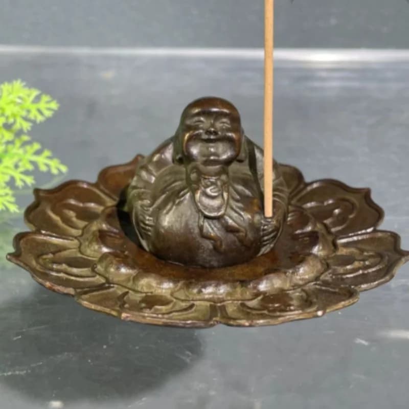 Vintage Copper Laughing Buddha Incense Holder - Traditional Zen Tea Table Decor, Asian Maitreya Statue & Fragrance Insertion