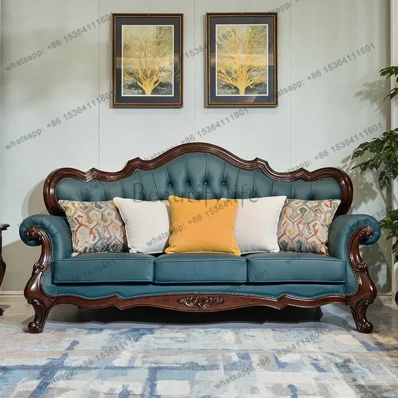 LJYAmerican all solid wood sofa first layer cowhide luxury retro walnut wood carving flower leather 123 combination