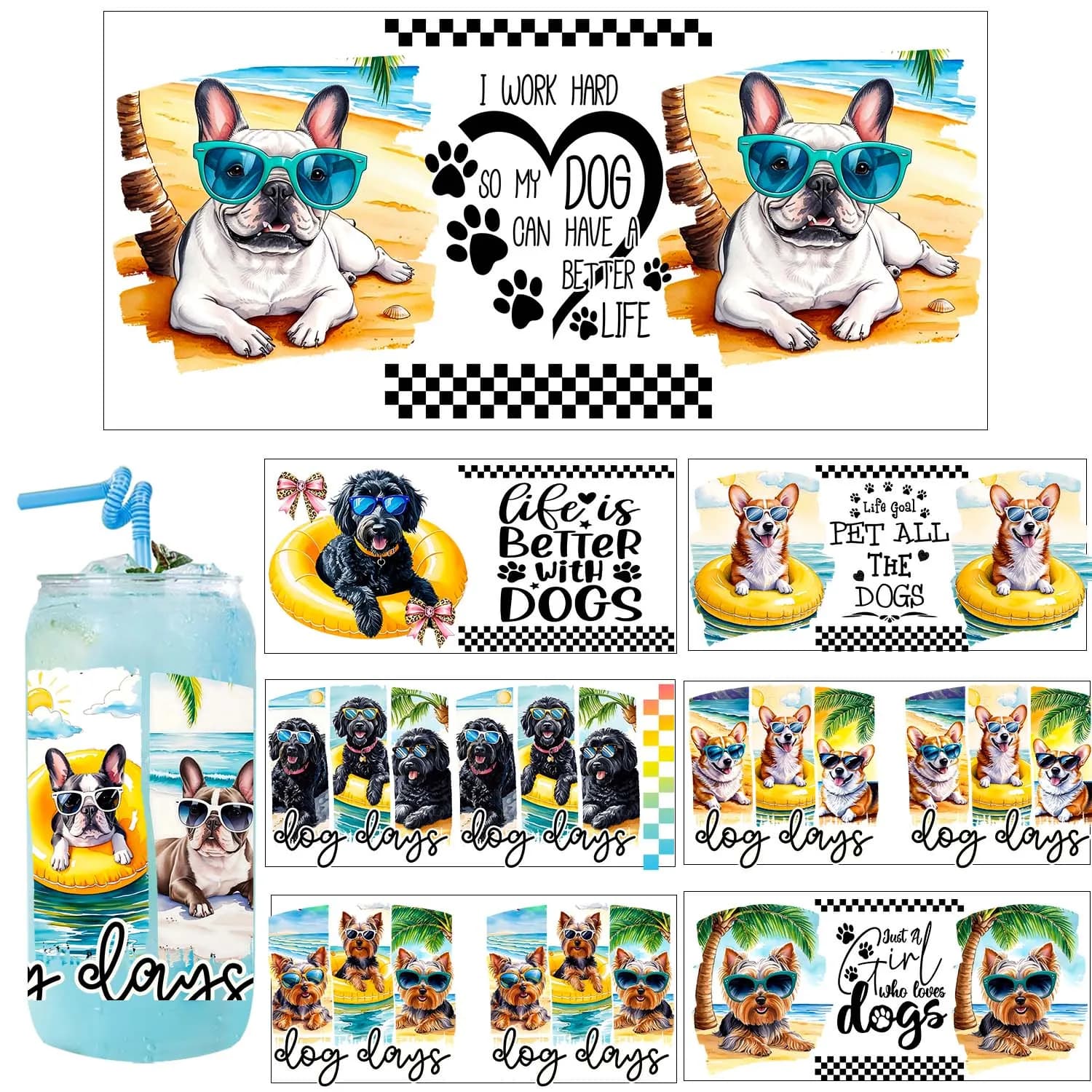Summer Vibe Cute Dogs Style UV DTF Sticker DIY Decals 3D transfer uvdtf tumbler sticker 16oz uv dtf cup wrap