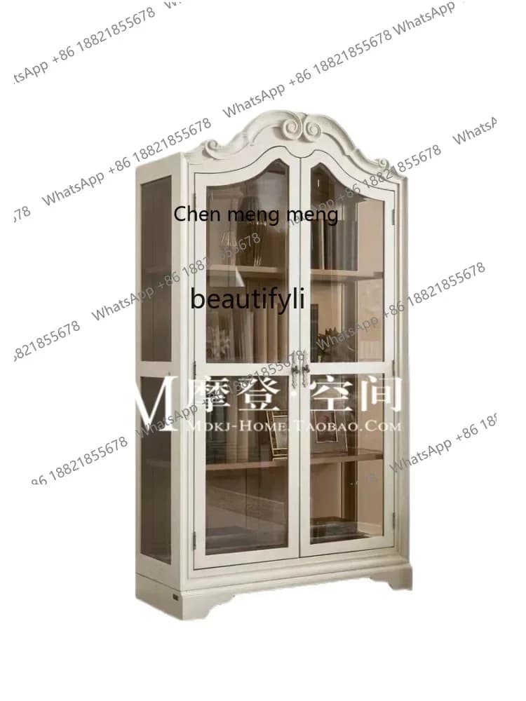 X American Country North American Bookcase Glass Double Door Wine Cabinet Home Decorative Cabinet Arched Oak Vintage French