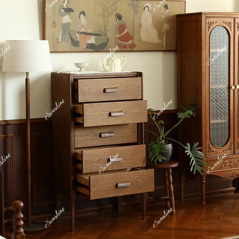 Large and small apartment solid wood chest of drawers contrasting colors retro style high legs  FT