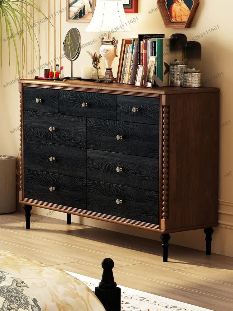 Red oak French antique pure solid wood retro bedroom with drawers storage cabinet