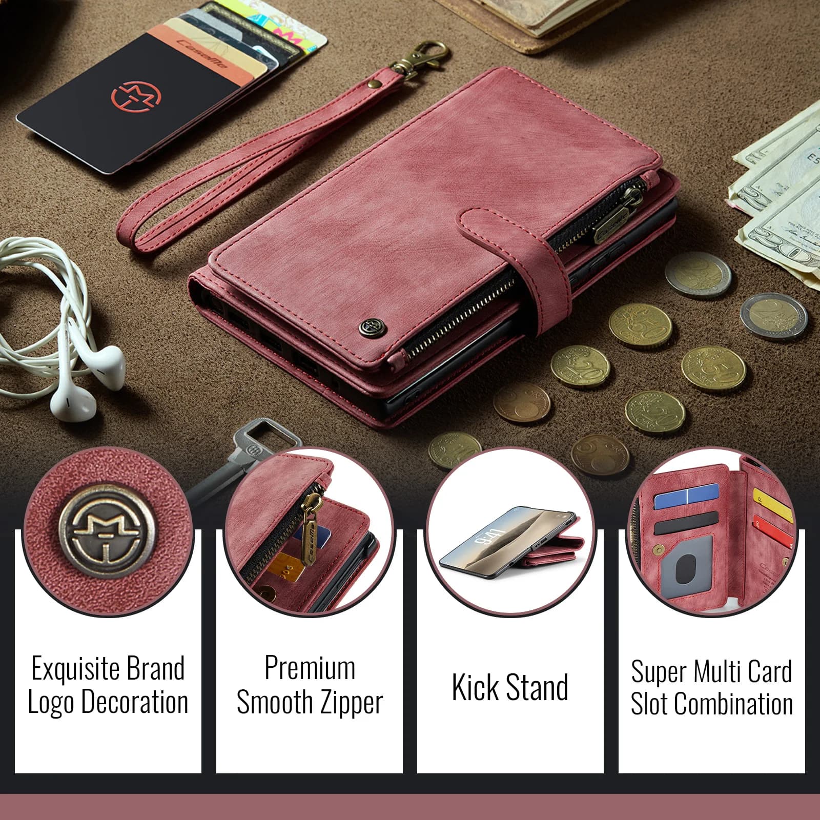 Caseme-C30 For iPhone Duo RFID Blocking Flip Wallet Case Zipper Pocket 6 Card Slots Cash Slot Wrist Lanyard Kickstand PU Leather
