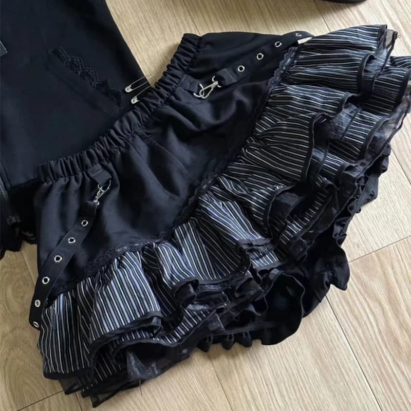 Gothic Girls Stripe Punk Grunge Skirts Women Y2k Aesthetic Subculture Streetwear High Waist Lace Vintage Kawaii Mini Cake Skirt