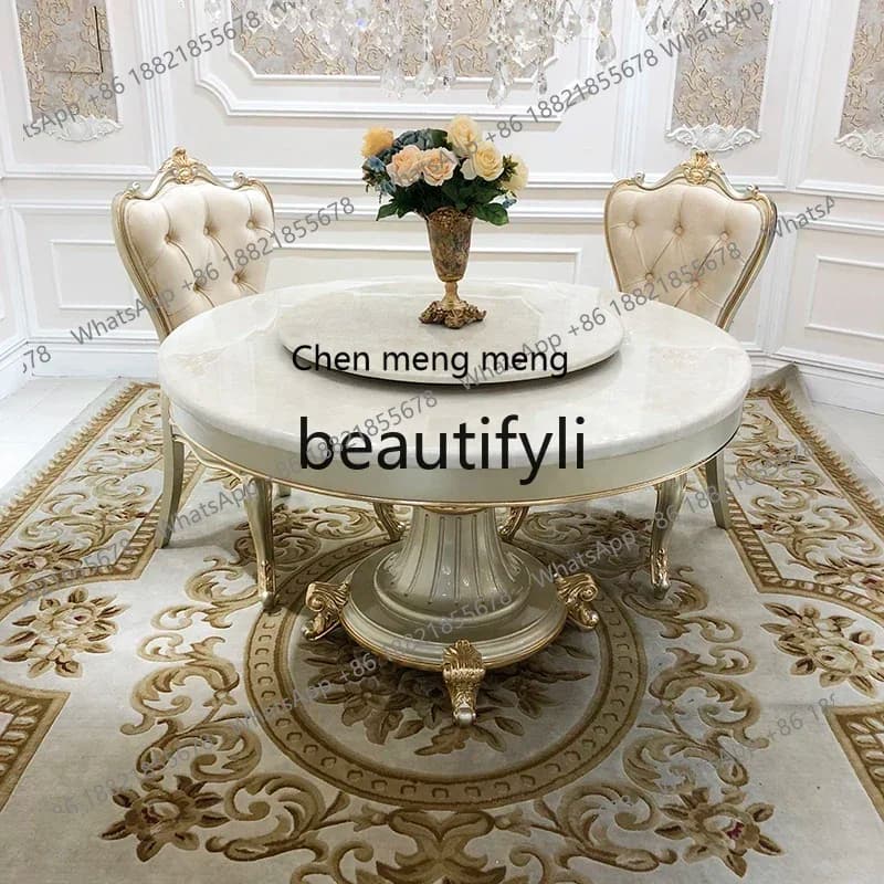 French Luxury Dining Table and Chair Combination Court Marble Round Dining Table Restaurant with Turntable2936