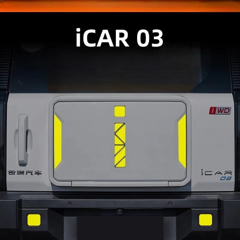 For Chery iCAR 03/03T Reflective Safety Sticker Set | Rear Trunk Warning Decals + "i" Logo Badge + Door Edge Protectors