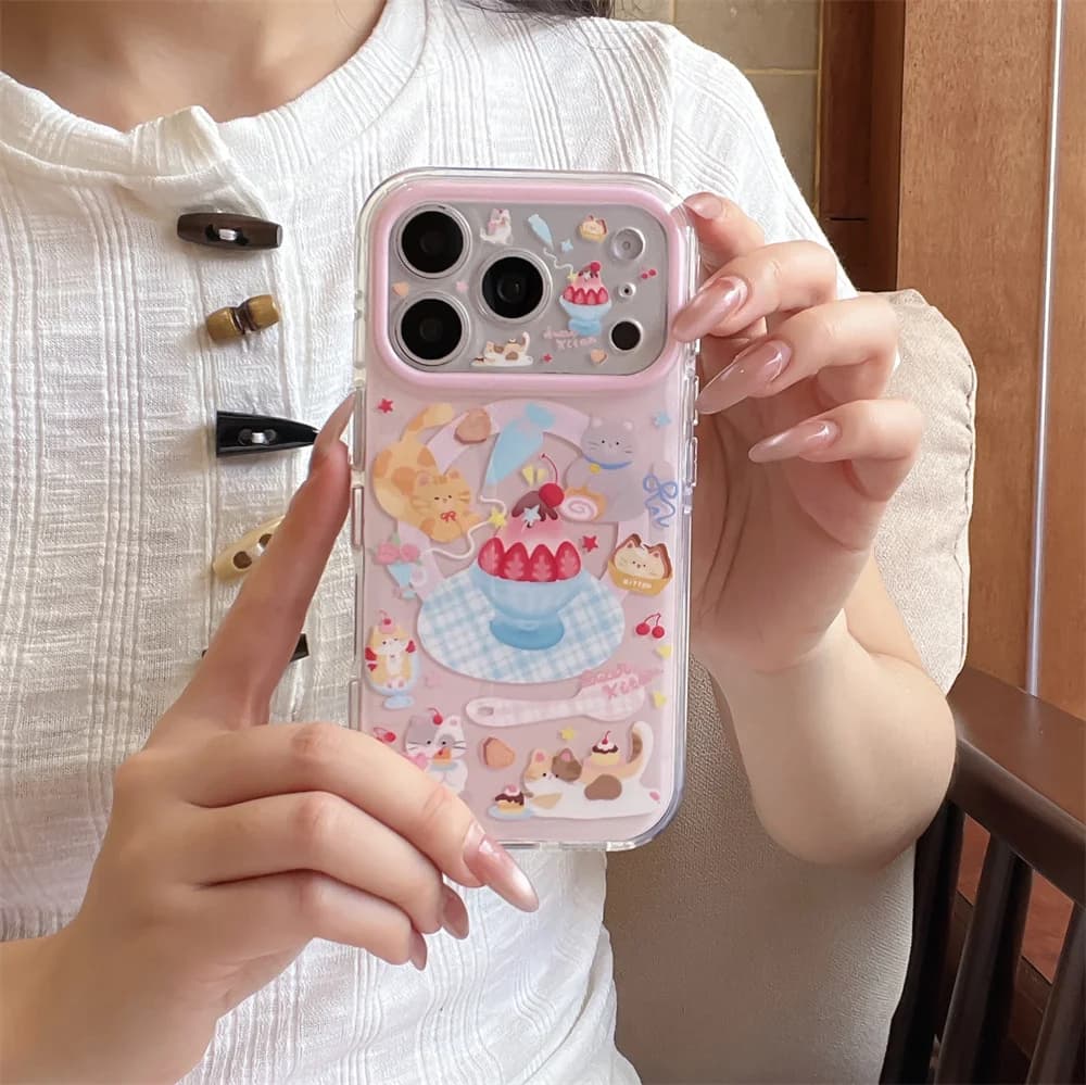 Kawaii Sweet Kitten Dessert Clear Phone Case For iPhone 15 16 17 Pro Max Print With Rotatable Stand Cherry Protective Case