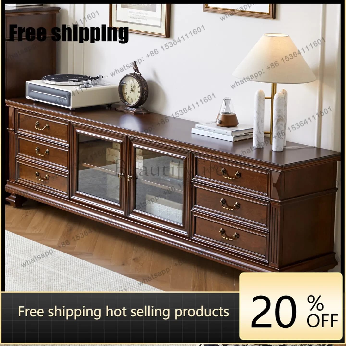 XX American retro all solid wood multi-drawer with glass door living room storage floor cabinet