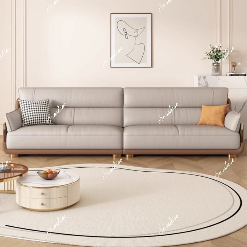 Leather, small apartment Italian minimalist living room straight row three-person cream style sofa