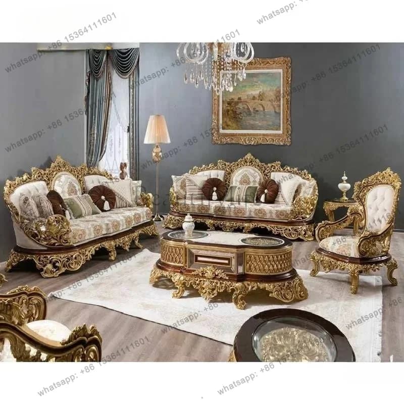 FG For Turkish Style Royal Antique Carved Solid Wood Sofa Set European Luxury Classic Home Living Room Furniture Sectional Sofa