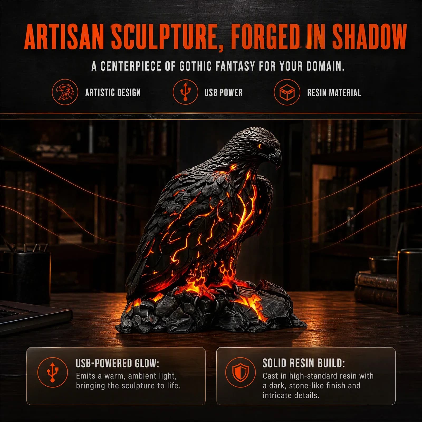 Melting Eagle Lava Crack Resin Art Figurine USB Powered Warm Orange Glow Gothic Gaming Room Desk Decor