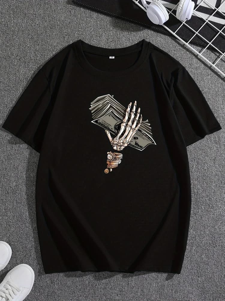 Skeleton Hand And Dollar pattern -100% cotton summer short-sleeved O-neck men's printed T-shirt.