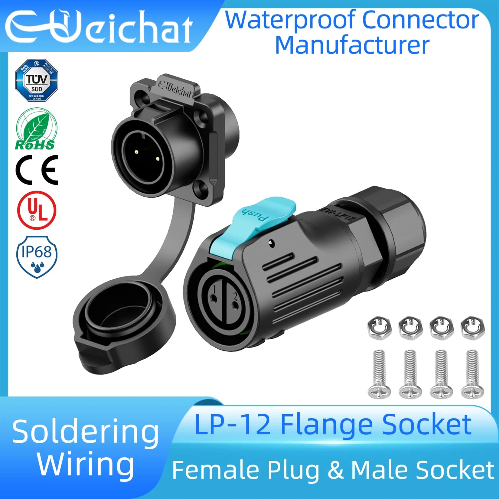 LP12 Waterproof Connector IP68 Industrial Circular Aviation Electrical Connector PBT Shell M12 2-8 Pin Flange Socket