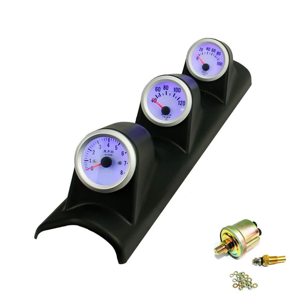 Kit  medidor Triple  52mm, tacómetro, medidor  temperatura l agua, medidor  presión  aceite con Sensor 3 en 1, conducción a la i