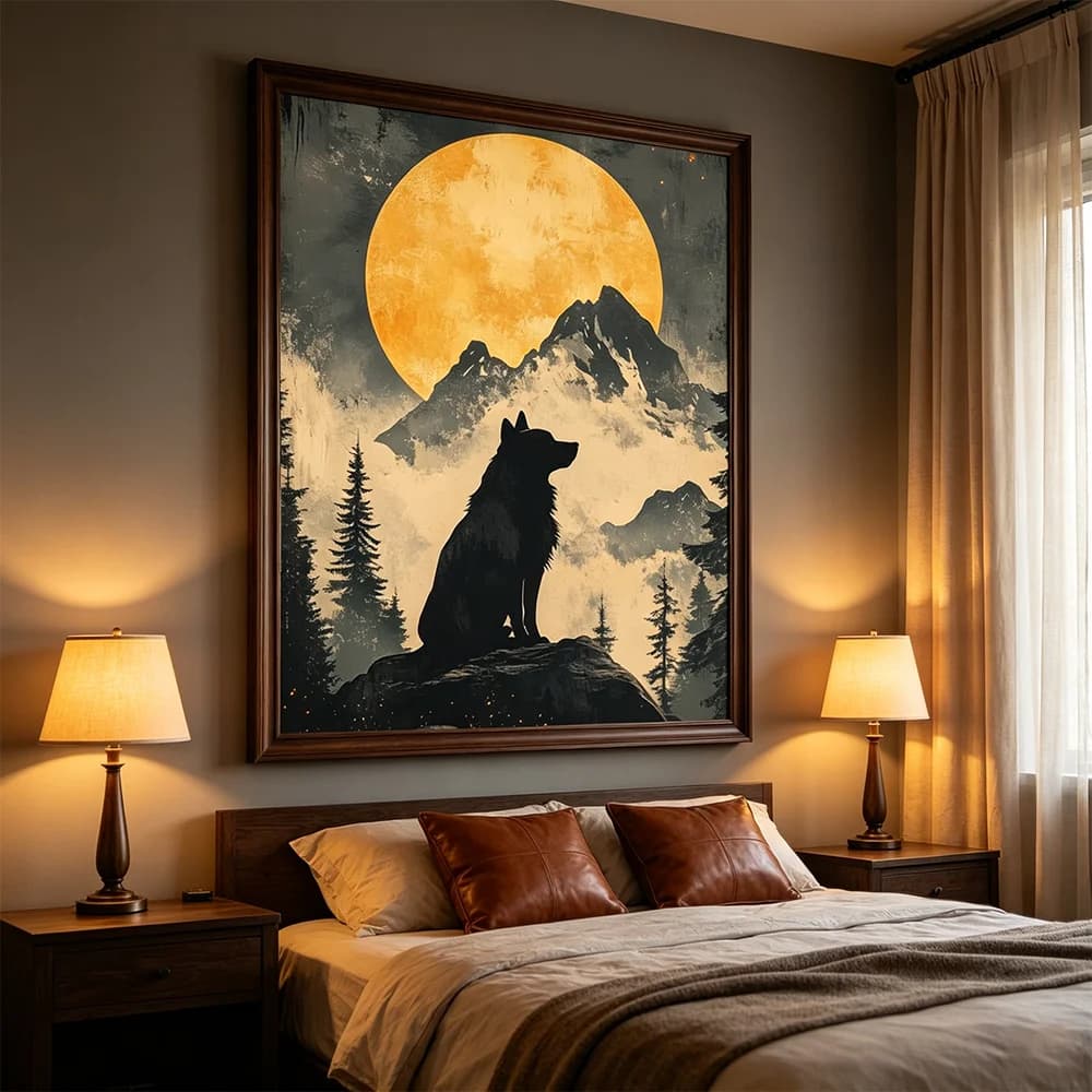 Moon Wolf Art Poster Animal Painting Wall Art Decorations Room Decor Mountain Landscape Picture Canvas Poster for Bedroom