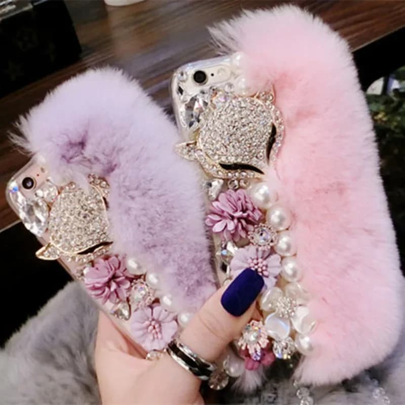 Luxury Bling Diamond Warm Fluffy Rabbit Fur Pearl Jewelry Soft Case Cover For SamsungS24 S25 S20 S21FE S22 PLUS S23 Note 9 10 20