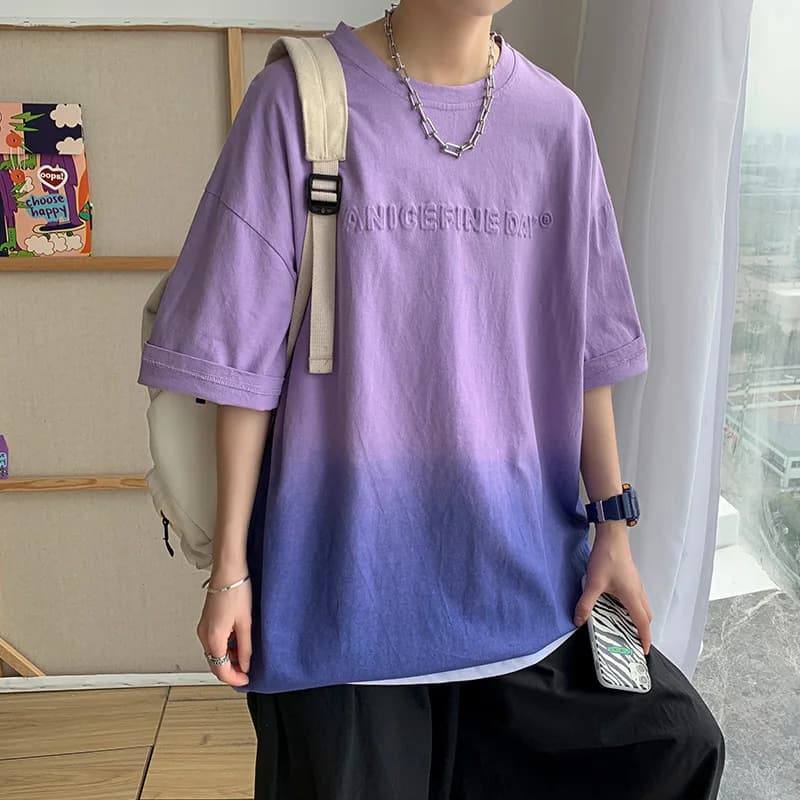 Summer Men's New Gradient Color Short Sleeve T-shirt Men's Embossed Steel Printed Letter Printed Thin Casual Shirt