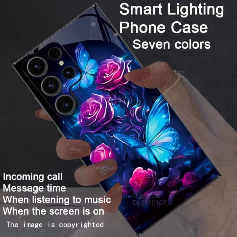 Blue Purple Rose Butterfly Voice Controlled Luminous LED Phone Case For Samsung S25 S24 S26 Ultra S20 S21 S23 FE S22 Plus A15 5G