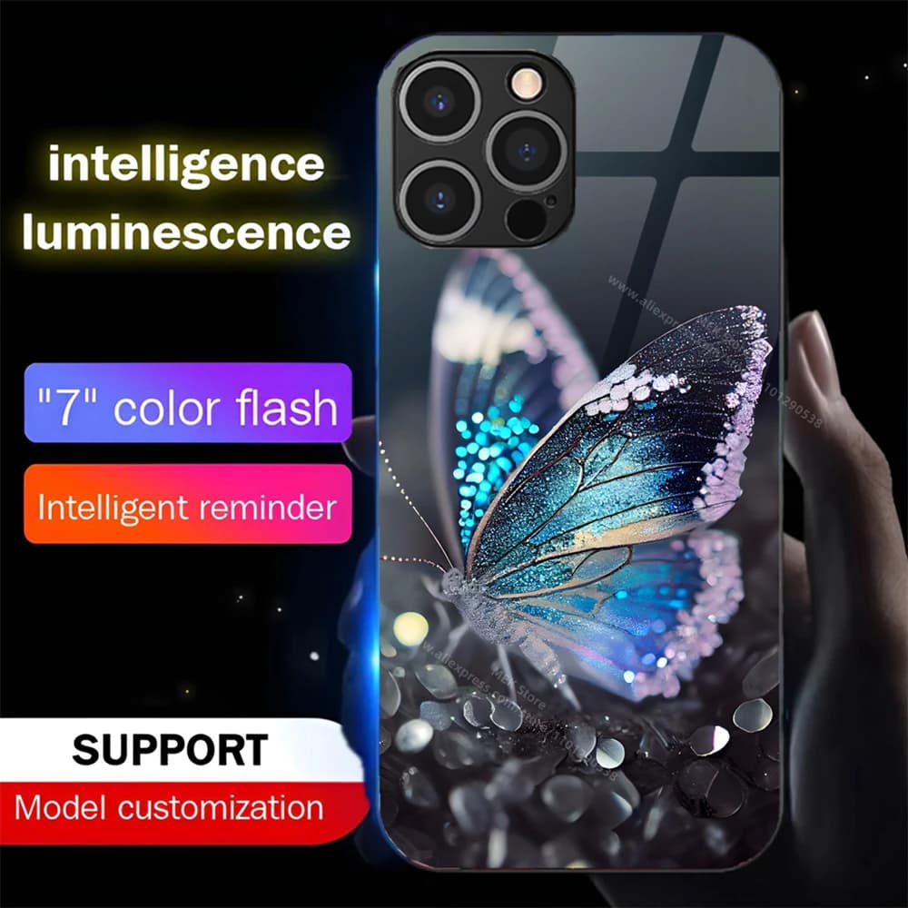 Cute Crystal Butterfly LED Light Phone Case Glitter Shockproof Back Cover For iPhone Air 17 16 E 15 14 13 12 11 Pro Max XR XS