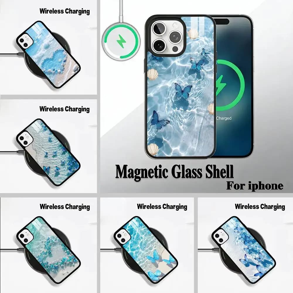 Blue Butterfly Ocean wave  For IPhone17 16 15 14 13 12 11 Plus Pro Max Plus Wireless Charger Phone Case