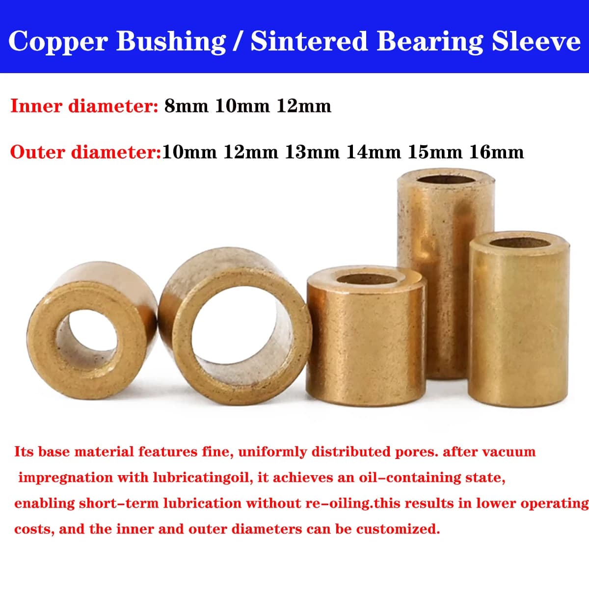 20pcs Sintered Bronze Bushing 8mm‑12mm ID Self‑Lubricating Copper Bearing Sleeve for Motor Fan Appliance Parts