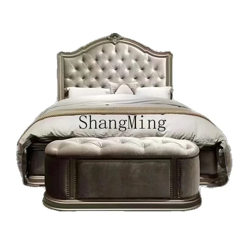 LXY household simple old solid wood carving flower bed light luxury soft bag double bed