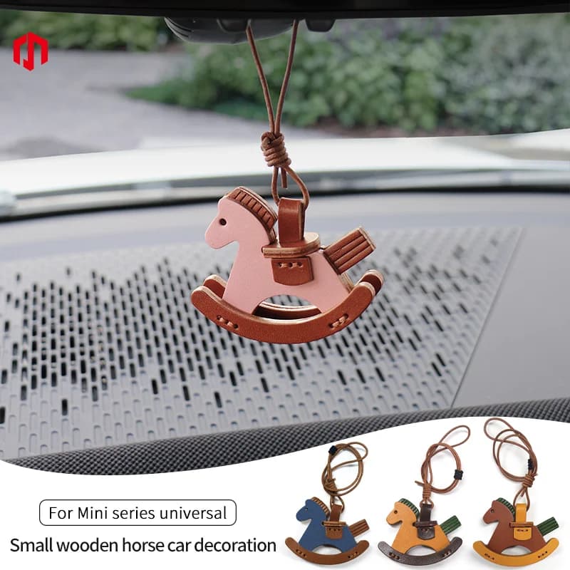 Leather Handmade Hanging Parts For MINI All Series Universal Car Rearview Mirror Small Wooden Horse Bag Decoration Car Interior