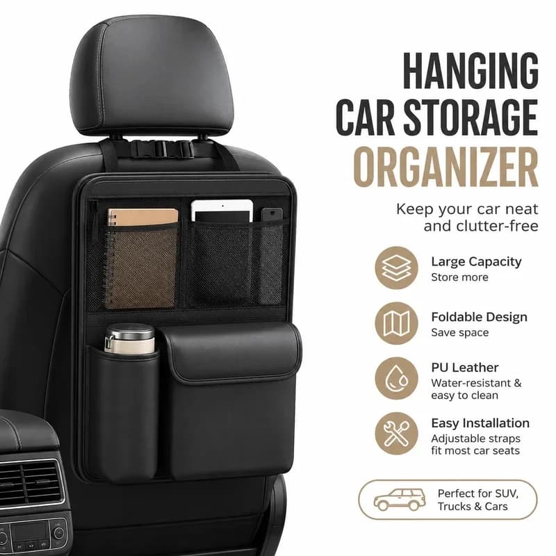Premium Leather Car Seat Back Storage Bag – Adjustable Strap & Multi-Pocket Organizer