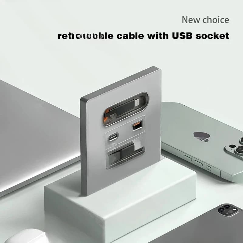 Universal Wall Panel Socket With Usb-A Usb-C Retractable Charging Cable ,Mobile Phone Tablet Charging Type C Outlet