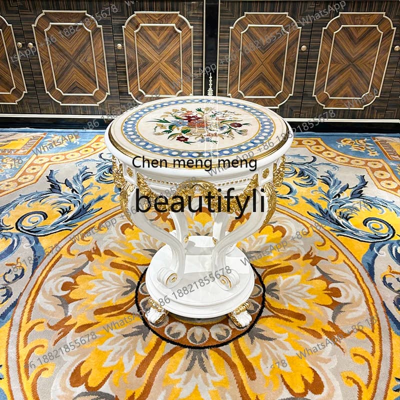 Q178 French solid wood small coffee table, European shell veneer small round table, carved tea table by the sofa in the living r