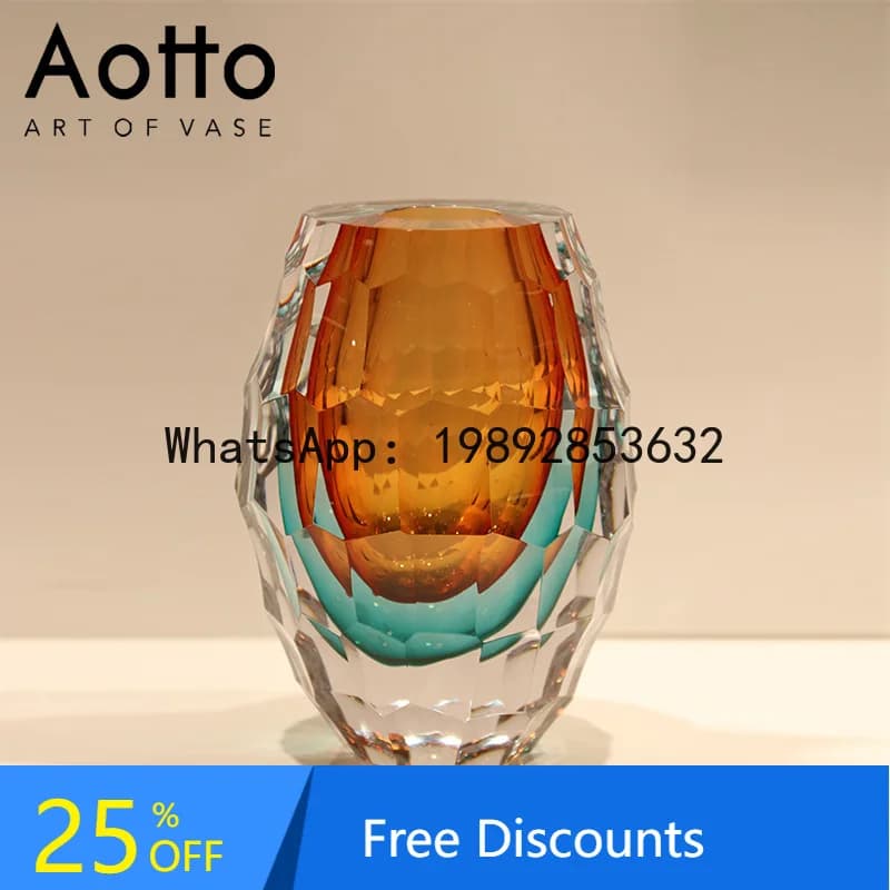 Modern Light Luxury Art Diamond Faceted Crystal Living Room Glass Vase Ornament