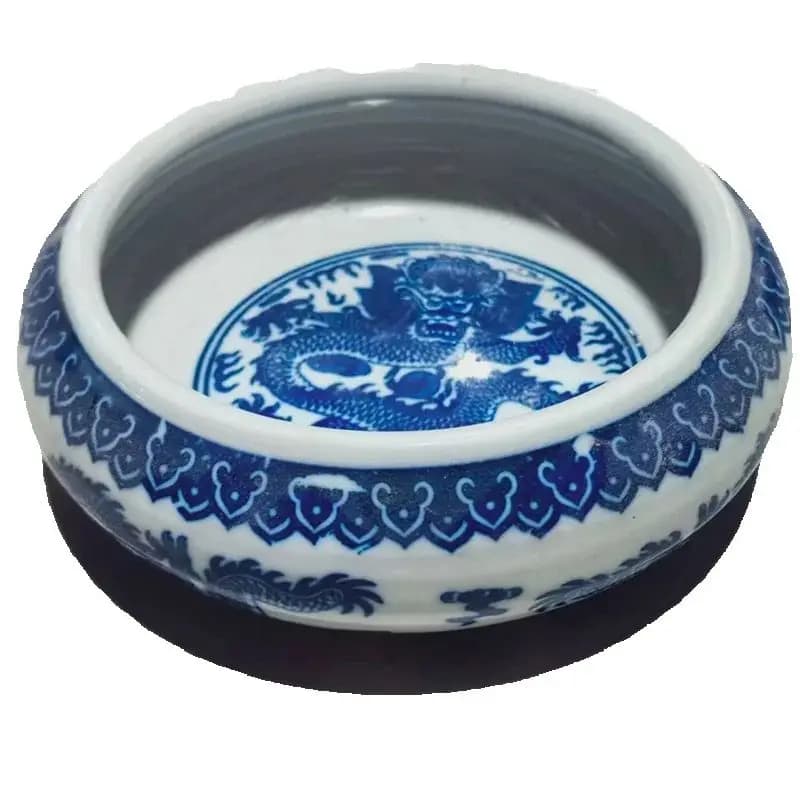Chinese Old Porcelain Blue White Dragon Pattern Calligraphy Pen Wash Dish Handmade Decorative Item Vintage Style